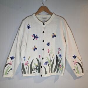 Northern Reflections Knit Sweater Womens L Flowers Off White Butterflies